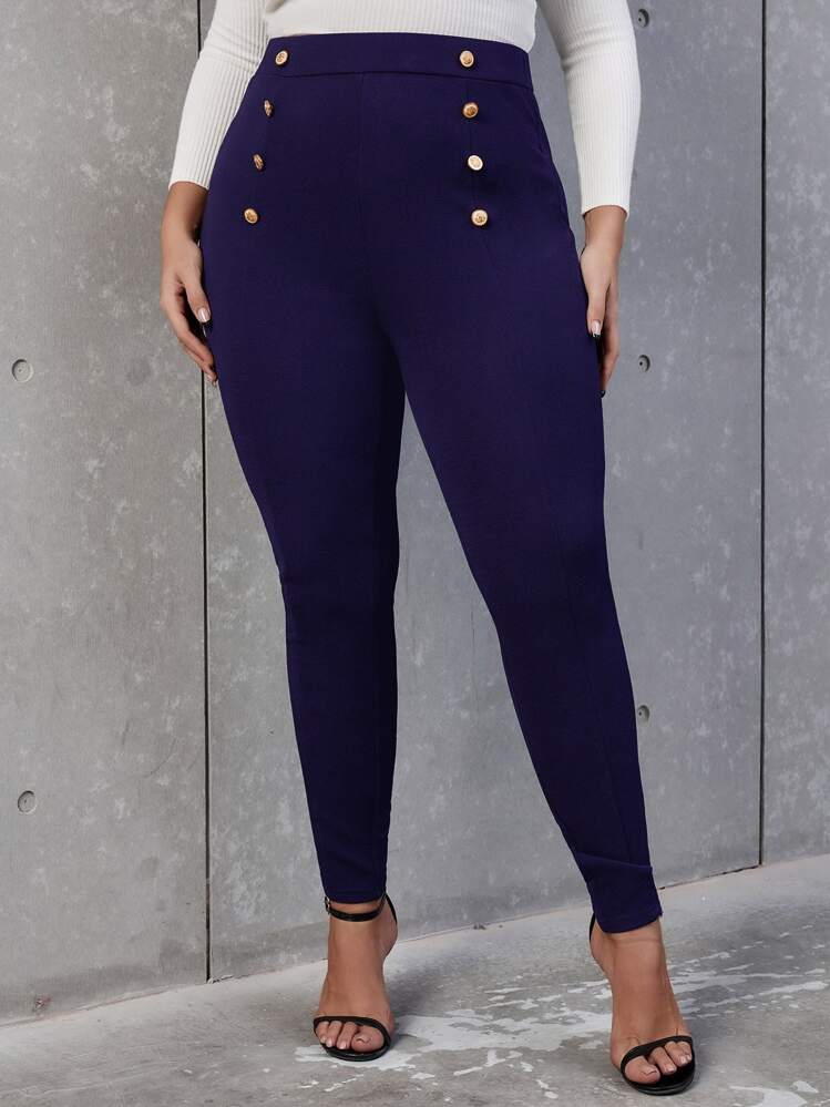 SHEIN Privé Pantalones ajustados de talle alto con diseño de botón - Azul Marino - Añade 4