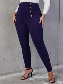 SHEIN Privé Plus High Waist Button Detail Skinny Trousers - Navy Blue - View 5
