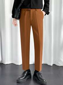 男士斜口袋褶皺腰帶定制西褲 - 棕色 - 查看 6