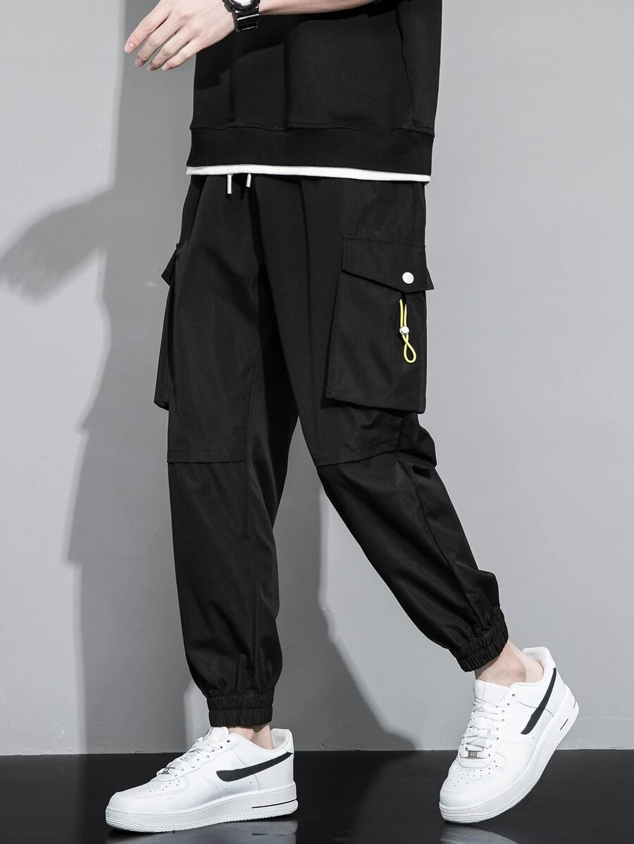 Men Drawstring Flap Pocket Cargo Pants - Black - View 1