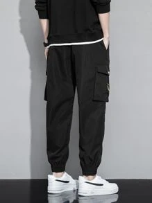 Men Drawstring Flap Pocket Cargo Pants - Black - View 2