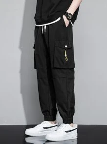 Men Drawstring Flap Pocket Cargo Pants - Black - View 3