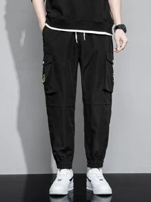 Men Drawstring Flap Pocket Cargo Pants - Black - View 4