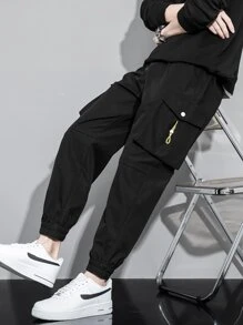 Men Drawstring Flap Pocket Cargo Pants - Black - View 5