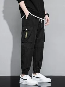 Men Drawstring Flap Pocket Cargo Pants - Black - View 6