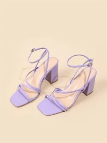 Xăng đan có dây đeo mắt cá chân Chunky tối giản dành cho nữ, Xăng đan cao gót thời trang mùa hè - Màu tím - Xem 4