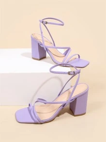 Xăng đan có dây đeo mắt cá chân Chunky tối giản dành cho nữ, Xăng đan cao gót thời trang mùa hè - Màu tím - Xem 5