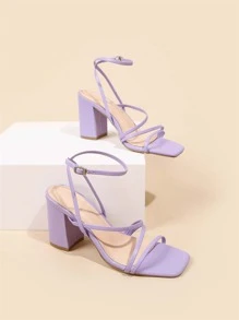 Xăng đan có dây đeo mắt cá chân Chunky tối giản dành cho nữ, Xăng đan cao gót thời trang mùa hè - Màu tím - Xem 6