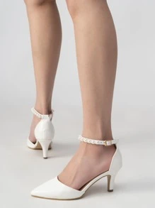 Giày cao gót Nữ Ngọc trai Cá sấu Dây đeo mắt cá chân Đúng mốt - trắng - Xem 2