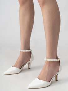 Giày cao gót Nữ Ngọc trai Cá sấu Dây đeo mắt cá chân Đúng mốt - trắng - Xem 3