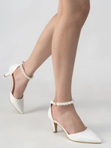 Giày cao gót Nữ Ngọc trai Cá sấu Dây đeo mắt cá chân Đúng mốt - trắng - Xem 5