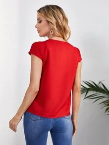 SHEIN Clasi Solid Cap Sleeve Blouse - Red - View 2
