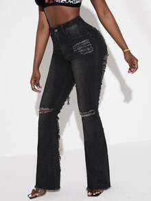 SHEIN SXY High Waisted Ripped Raw Hem Jeans - Dark Grey - View 2