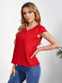 SHEIN Clasi Solid Cap Sleeve Blouse - Red - View 5
