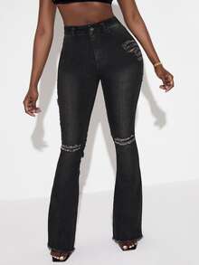 SHEIN SXY High Waisted Ripped Raw Hem Jeans - Dark Grey - View 3