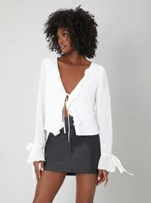 COSMINA Blusa ribete con fruncido con nudo delantero de manga con volante - Blanco - Ver 10