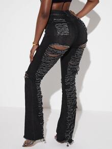 SHEIN SXY High Waisted Ripped Raw Hem Jeans - Dark Grey - View 4