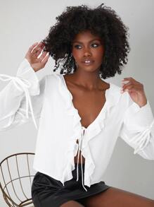 COSMINA Blusa ribete con fruncido con nudo delantero de manga con volante - Blanco - Ver 4