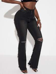 SHEIN SXY High Waisted Ripped Raw Hem Jeans - Dark Grey - View 5