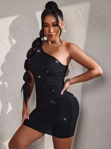 SHEIN SXY Vestido ajustado de un hombro fruncido - Negro - Ver 3
