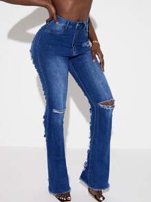 SHEIN SXY High Waisted Ripped Raw Hem Jeans - Dark Wash - View 2