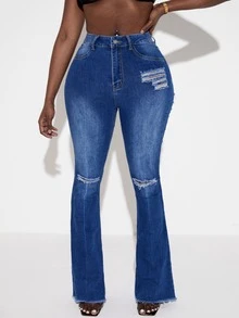 SHEIN SXY High Waisted Ripped Raw Hem Jeans - Dark Wash - View 3
