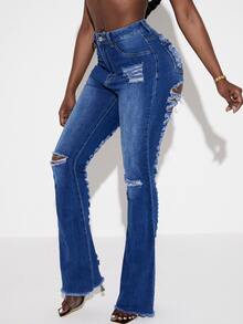 SHEIN SXY High Waisted Ripped Raw Hem Jeans - Dark Wash - View 4