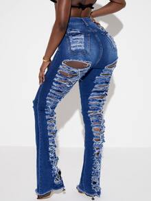 SHEIN SXY High Waisted Ripped Raw Hem Jeans - Dark Wash - View 5