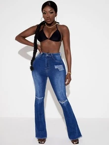 SHEIN SXY High Waisted Ripped Raw Hem Jeans - Dark Wash - View 6