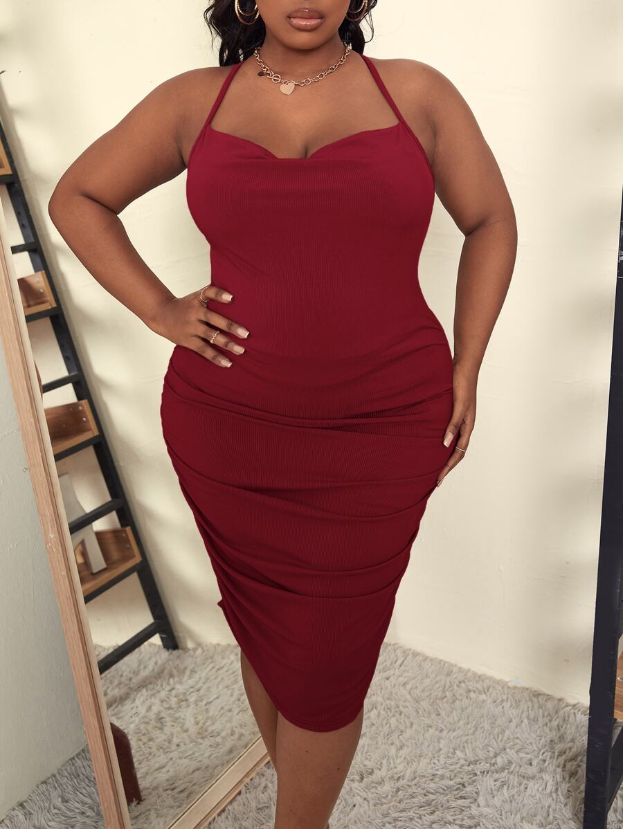 Slaydiva Vestido de tirantes escote drapeado de espalda con tira cruzada fruncido - Burdeos - Ver 1