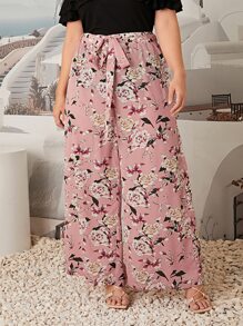 SHEIN VCAY Plus Allover Floral Print Belted Wide Leg Trousers - Multicolor - View 4