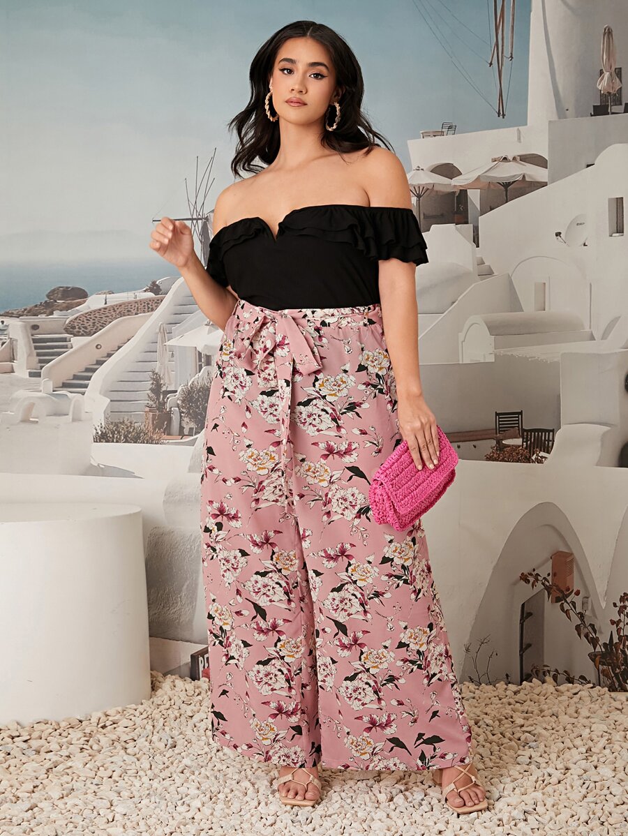 SHEIN VCAY Plus Allover Floral Print Belted Wide Leg Trousers - Multicolor - View 1