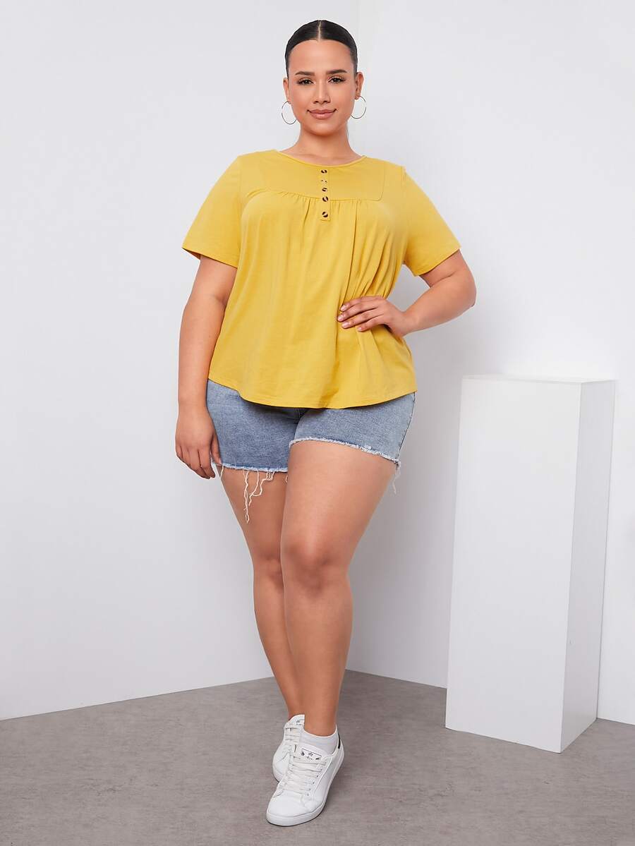 SHEIN Plus Button Detail Tee - Yellow - View 1