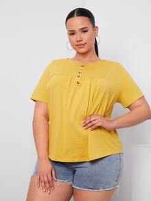 SHEIN Plus Button Detail Tee - Yellow - View 6