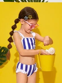 Bộ bikini sọc xếp nếp trẻ trung đi biển mùa hè - Xanh và trắng - Xem 1