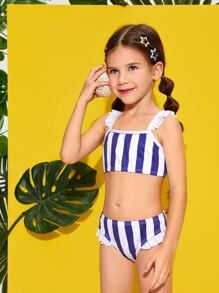 Bộ bikini sọc xếp nếp trẻ trung đi biển mùa hè - Xanh và trắng - Xem 4