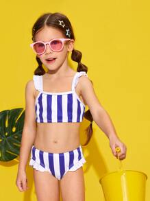 Bộ bikini sọc xếp nếp trẻ trung đi biển mùa hè - Xanh và trắng - Xem 6