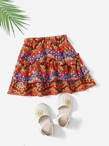 SHEIN 小女童多層花卉圖案半身裙 - 彩色 - 查看 1