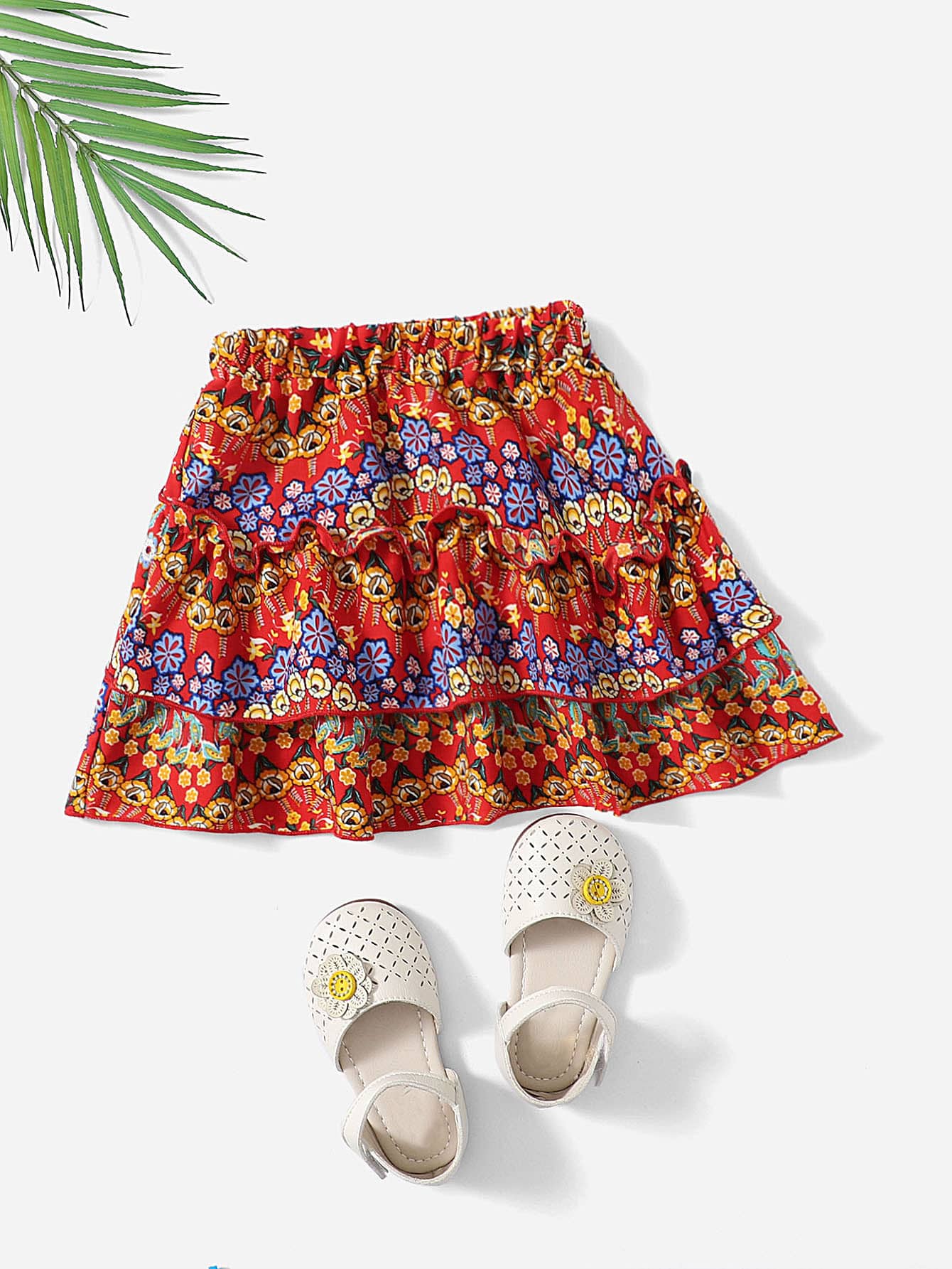 SHEIN 小女童多層花卉圖案半身裙 - 彩色 - 查看 1