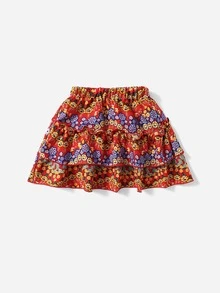 SHEIN 小女童多層花卉圖案半身裙 - 彩色 - 查看 2