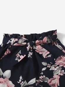 SHEIN 女孩印花紙袋腰附腰帶短褲 - 彩色 - 查看 3