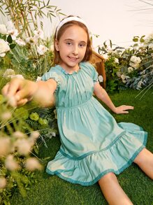 SHEIN Girls Puff Sleeve Lace Detail Ruffle Hem Dress - Cadet Blue - View 1