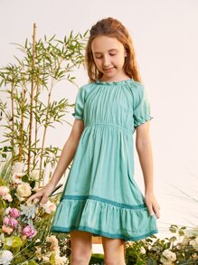 SHEIN Girls Puff Sleeve Lace Detail Ruffle Hem Dress - Cadet Blue - View 4