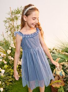 SHEIN Tween Girls Gingham Ruffle Trim Mesh Party Dress - Blue - View 1
