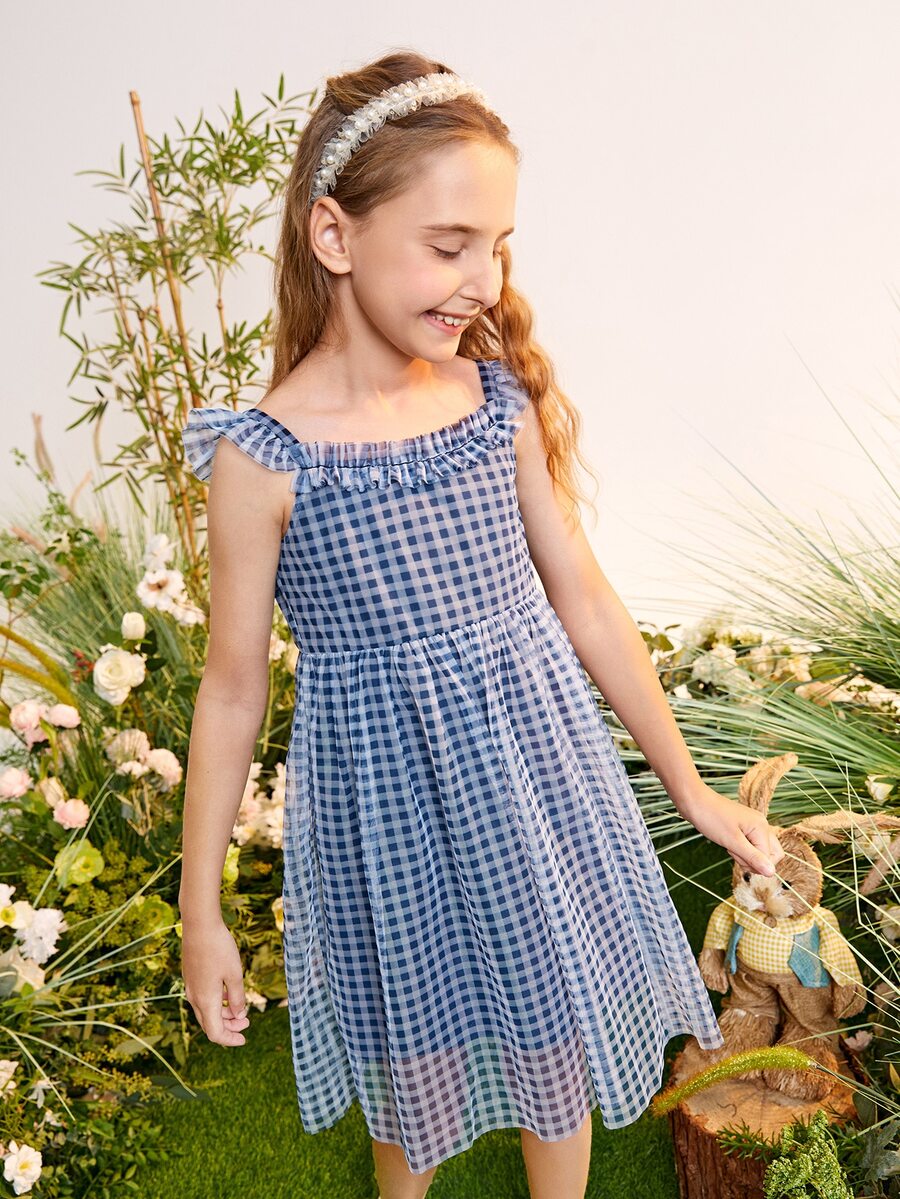 SHEIN Tween Girls Gingham Ruffle Trim Mesh Party Dress - Blue - View 1