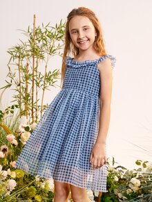 SHEIN Tween Girls Gingham Ruffle Trim Mesh Party Dress - Blue - View 3