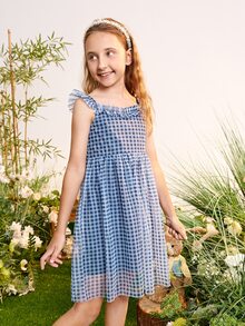 SHEIN Tween Girls Gingham Ruffle Trim Mesh Party Dress - Blue - View 5