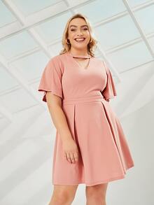 SHEIN Đầm Plus Size Cắt ra Dây kéo màu trơn Thanh lịch - Màu Hồng  San hô - Xem 3