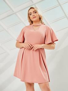 SHEIN Đầm Plus Size Cắt ra Dây kéo màu trơn Thanh lịch - Màu Hồng  San hô - Xem 5