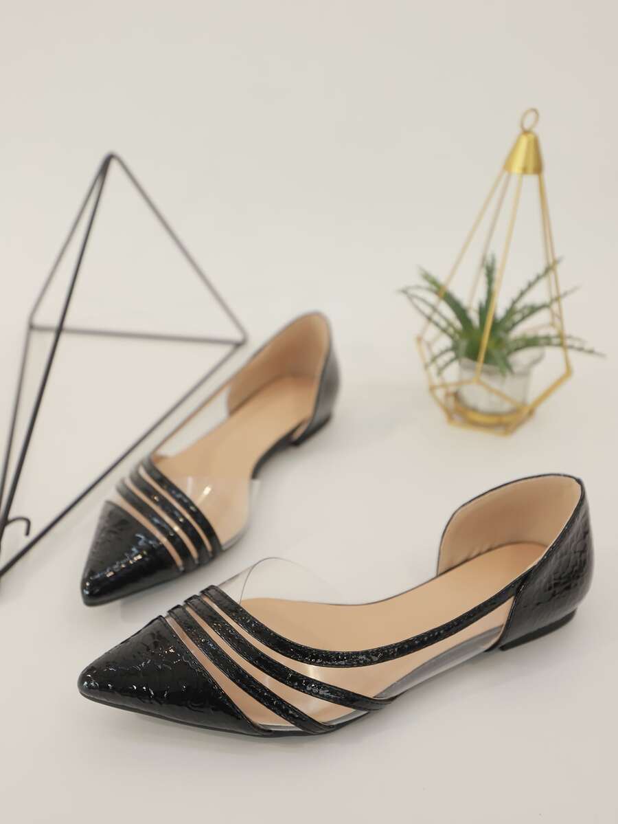 Stitch Detail Point Toe Ballet Flats - Black - View 1